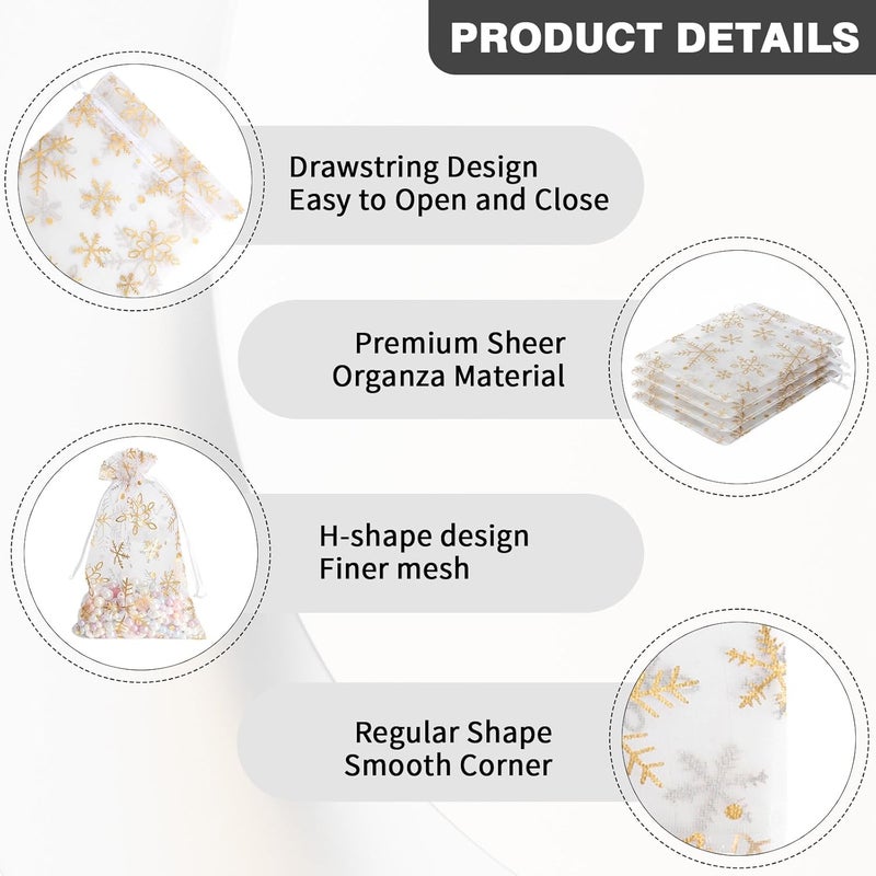 BOEIAC Snowflake Organza Bags, 100 PCS Christmas Sheer Organza Bags with Drawstring 4 x 6 inch, Jewelry Gift Bag, Gold Small Mesh Goodies Xmas Wedding Favor Mini Candy Pouches Bag for Christmas Party Favors - Image 5